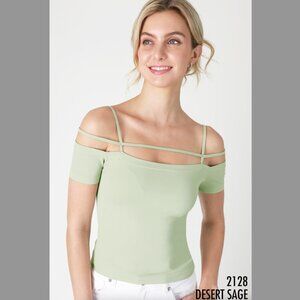 New Desert Sage Green Off Shoulder Multi Strap Seamless Short Sleeve T…